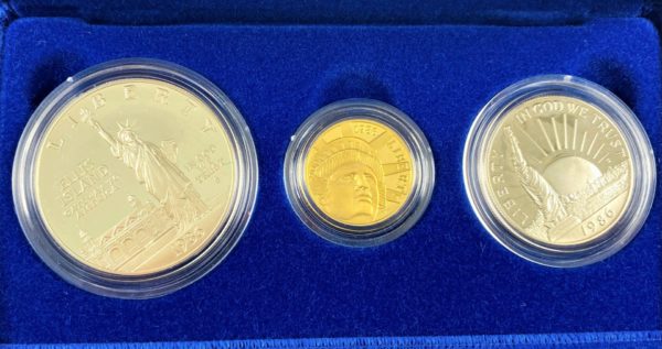 1986 U.S. Liberty 3-Coin Proof Set: $5 Gold; Silver $1 & Half